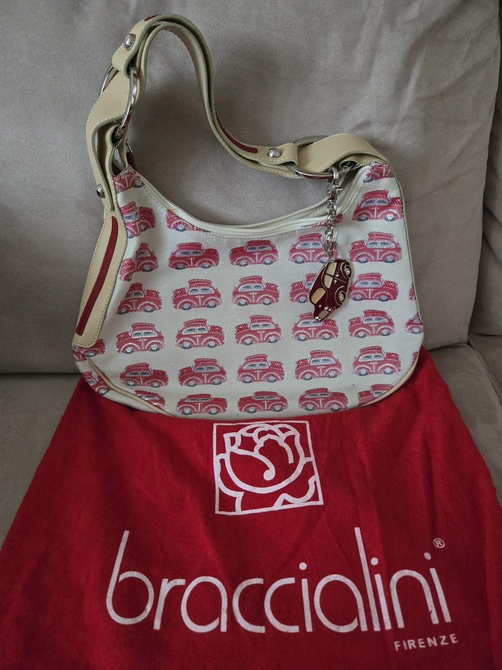 Braccialini Cream Shoulder Bag with Red Car Print